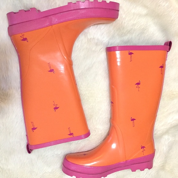 J Crew Orange Pink Flamingo Rain Boots 